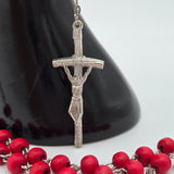 Red Wood Bead Rosary Necklace With Silver-Tone Crucifix & Virgin Mary Centerpiece