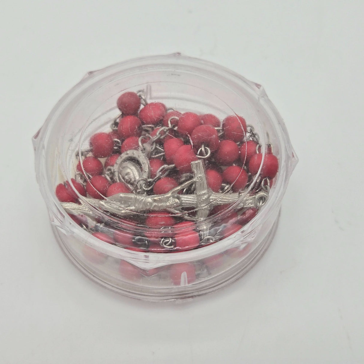 Red Wood Bead Rosary Necklace With Silver-Tone Crucifix & Virgin Mary Centerpiece