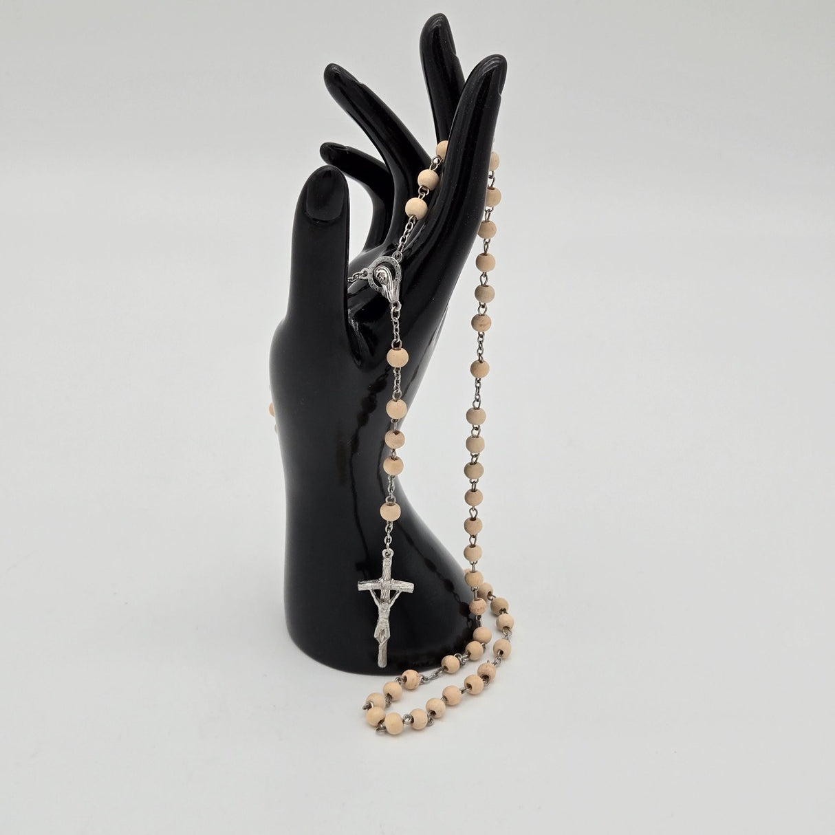 Wood Bead Rosary Necklace With Silver-Tone Crucifix & Virgin Mary Centerpiece