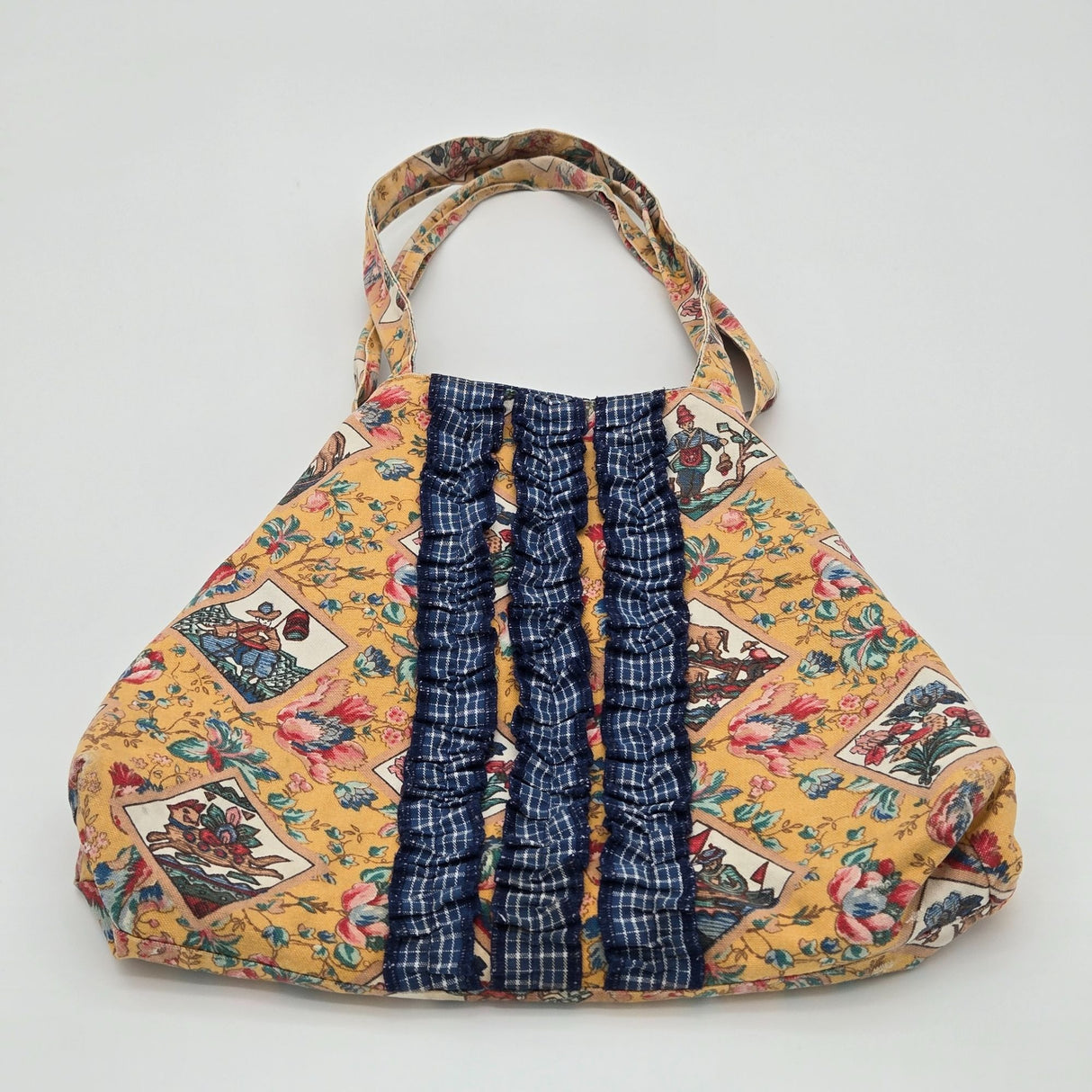 Suzanne Tote Bag With Floral & Checkered Pattern Quilted Cotton Fabric Button Closure Made In USA 16" W X 14" H