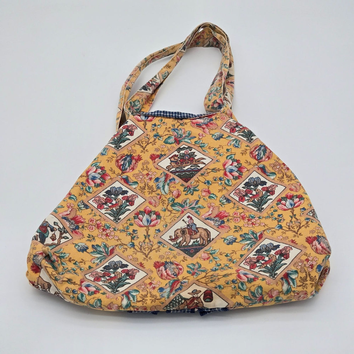 Suzanne Tote Bag With Floral & Checkered Pattern Quilted Cotton Fabric Button Closure Made In USA 16" W X 14" H