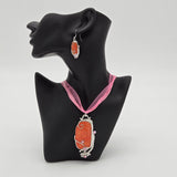 Orange Pendant Necklace & Earrings Set With Pink Rhinestones Silver-Tone Swirl Design & Pink Ribbon Cord