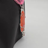Orange Pendant Necklace & Earrings Set With Pink Rhinestones Silver-Tone Swirl Design & Pink Ribbon Cord