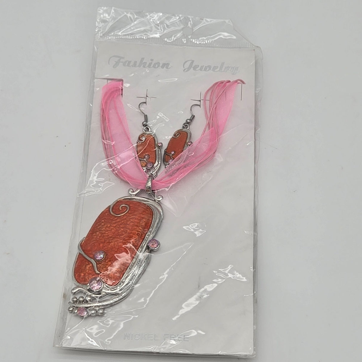 Orange Pendant Necklace & Earrings Set With Pink Rhinestones Silver-Tone Swirl Design & Pink Ribbon Cord