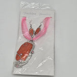 Orange Pendant Necklace & Earrings Set With Pink Rhinestones Silver-Tone Swirl Design & Pink Ribbon Cord