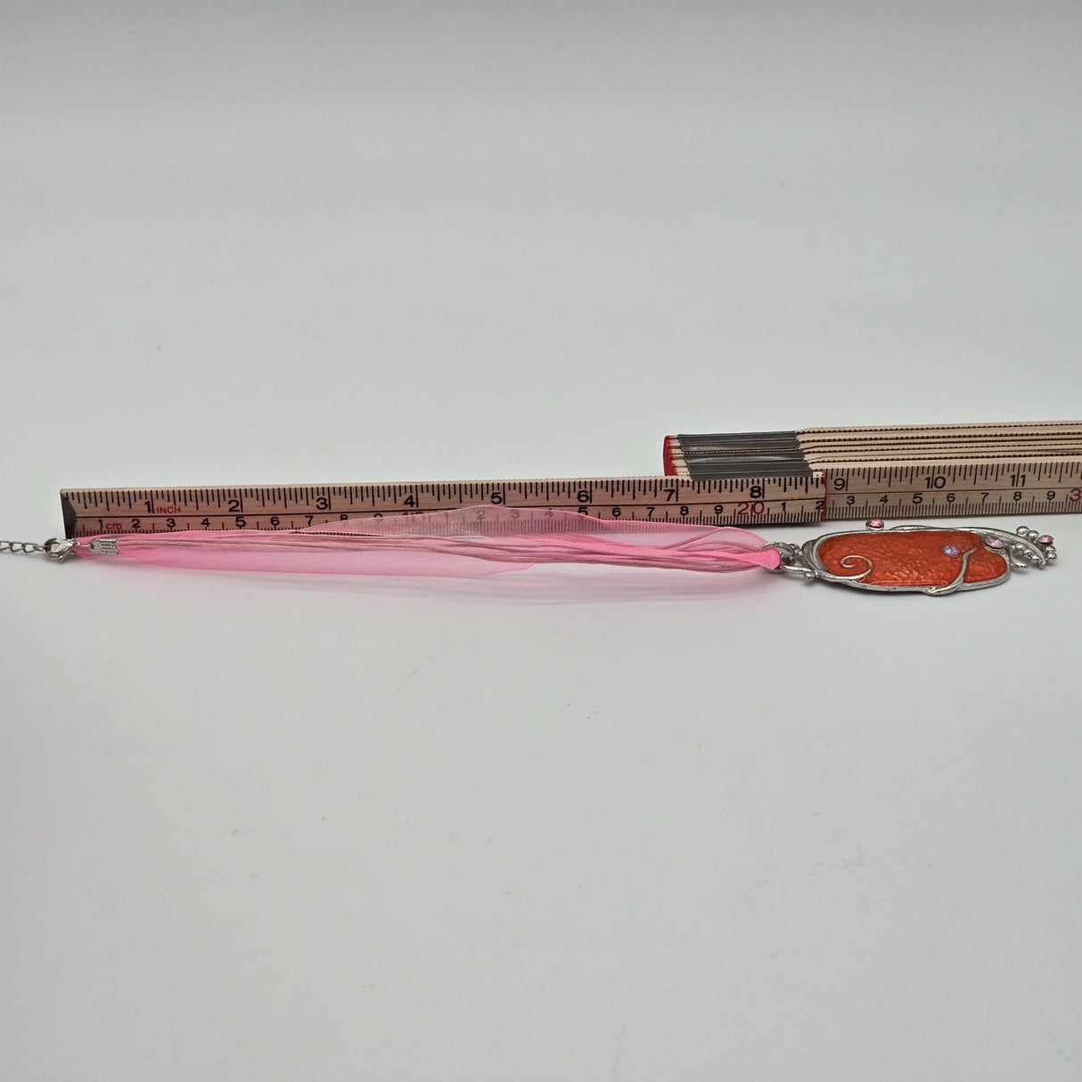 Orange Pendant Necklace & Earrings Set With Pink Rhinestones Silver-Tone Swirl Design & Pink Ribbon Cord