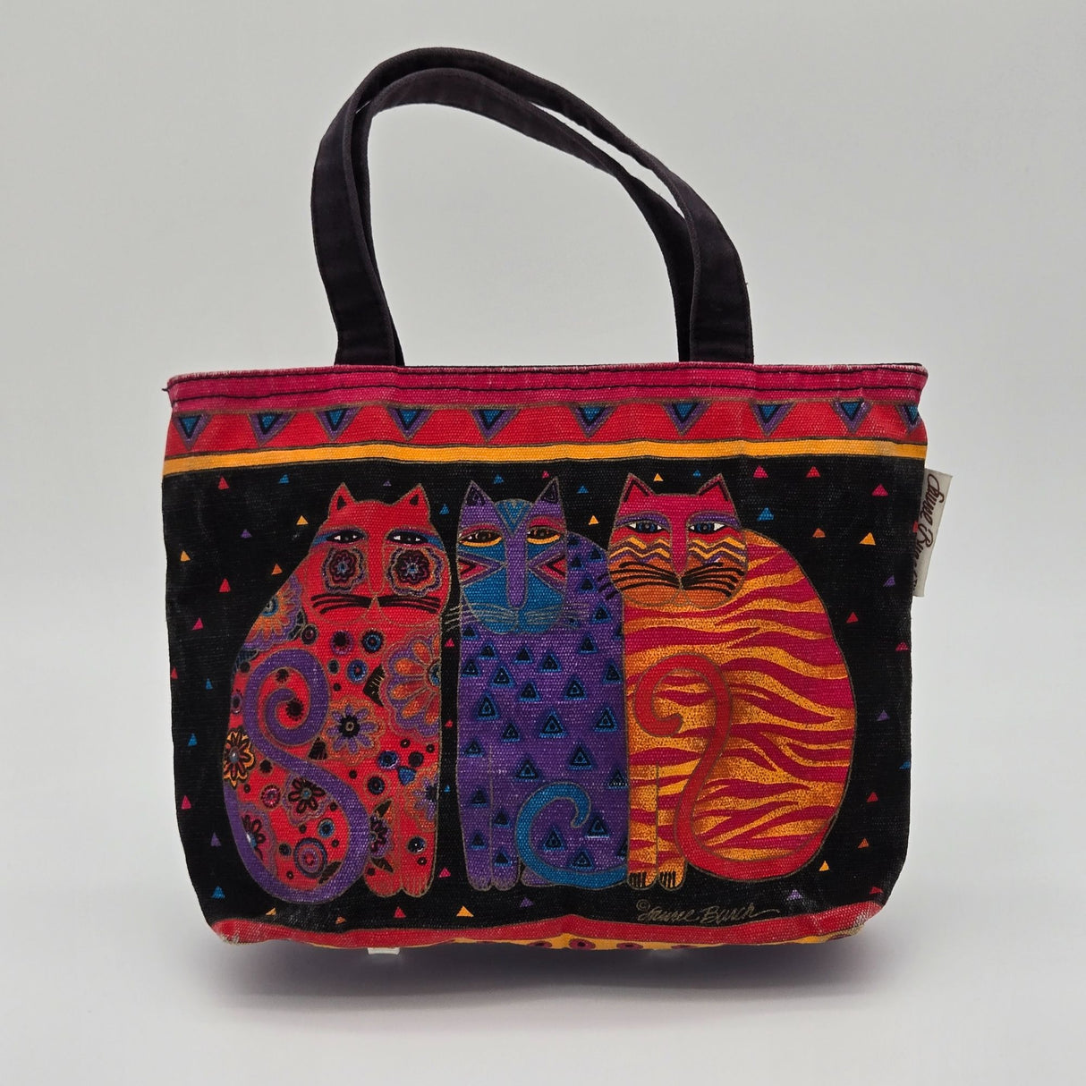 Laurel Burch Colorful Cat Print Canvas Tote Bag With Black Handles