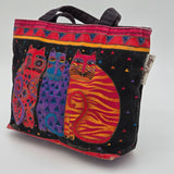 Laurel Burch Colorful Cat Print Canvas Tote Bag With Black Handles