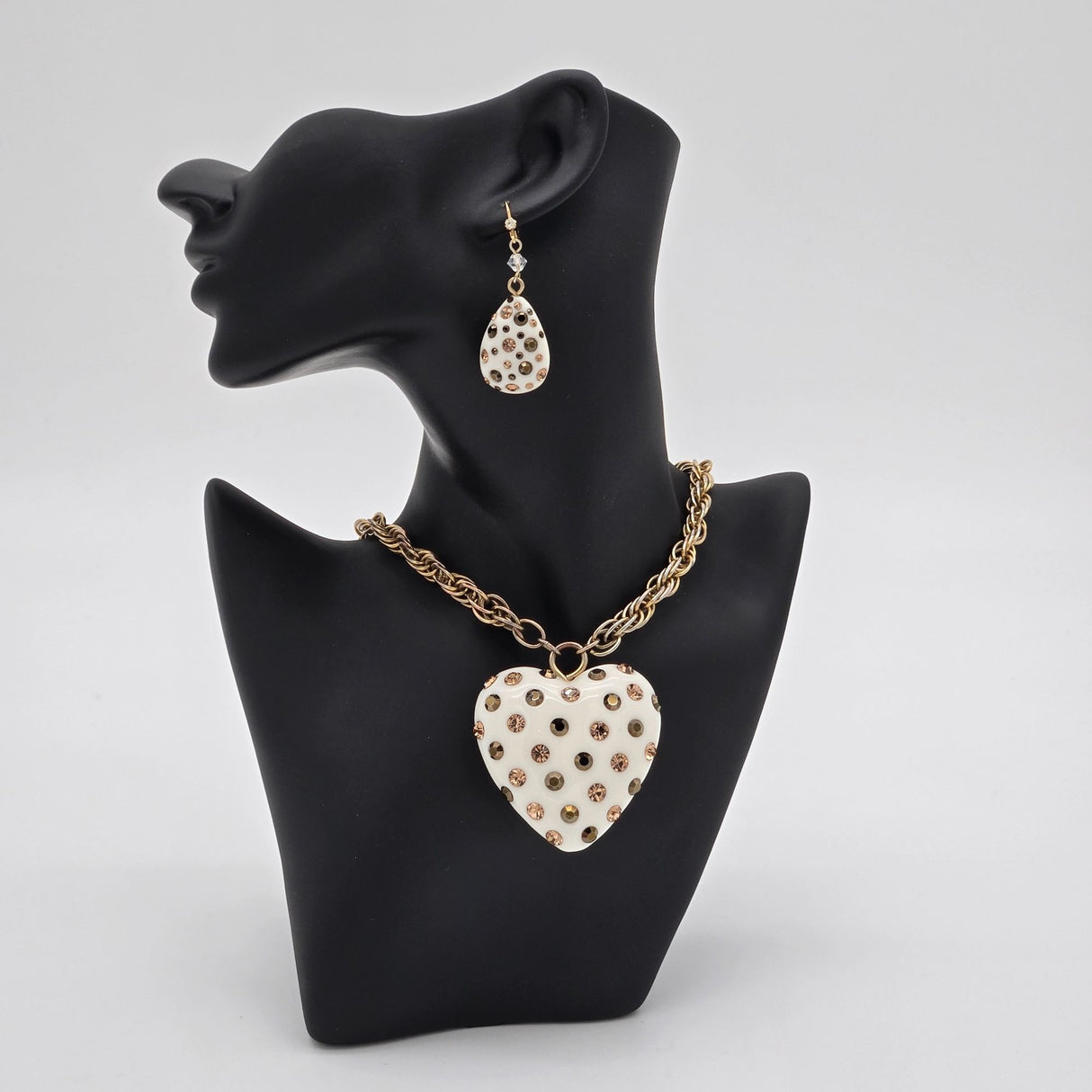 Betsey Johnson Puffy Heart Pendant Necklace & Earrings Set Gold-Tone White Rhinestones Polka Dot Design Jewelry
