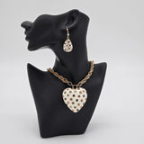 Betsey Johnson Puffy Heart Pendant Necklace & Earrings Set Gold-Tone White Rhinestones Polka Dot Design Jewelry