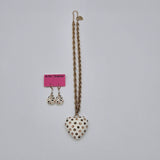 Betsey Johnson Puffy Heart Pendant Necklace & Earrings Set Gold-Tone White Rhinestones Polka Dot Design Jewelry