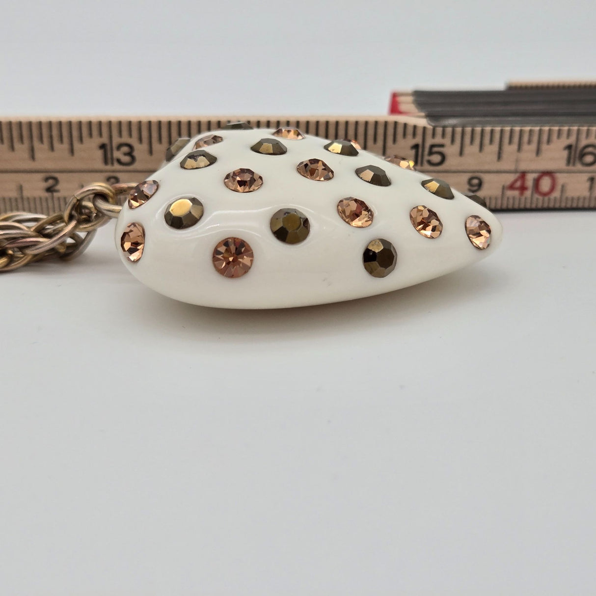 Betsey Johnson Puffy Heart Pendant Necklace & Earrings Set Gold-Tone White Rhinestones Polka Dot Design Jewelry