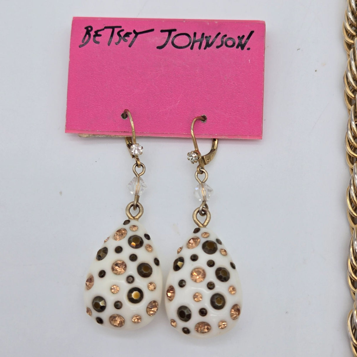 Betsey Johnson Puffy Heart Pendant Necklace & Earrings Set Gold-Tone White Rhinestones Polka Dot Design Jewelry