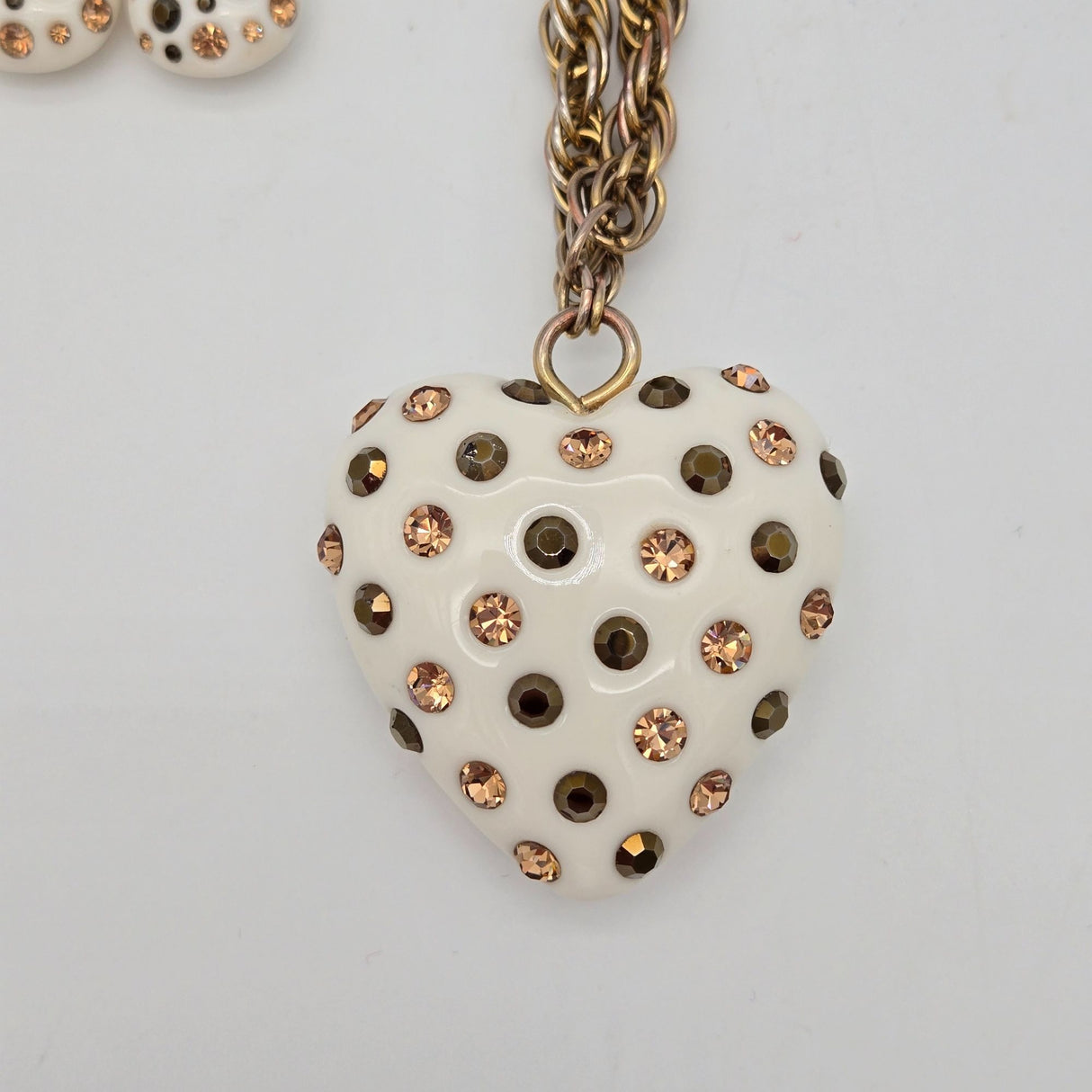 Betsey Johnson Puffy Heart Pendant Necklace & Earrings Set Gold-Tone White Rhinestones Polka Dot Design Jewelry