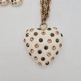 Betsey Johnson Puffy Heart Pendant Necklace & Earrings Set Gold-Tone White Rhinestones Polka Dot Design Jewelry