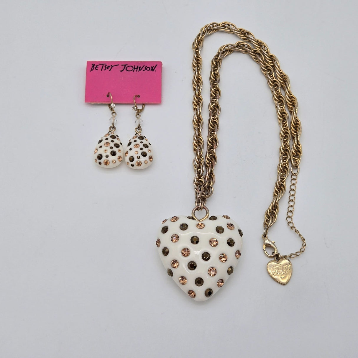 Betsey Johnson Puffy Heart Pendant Necklace & Earrings Set Gold-Tone White Rhinestones Polka Dot Design Jewelry