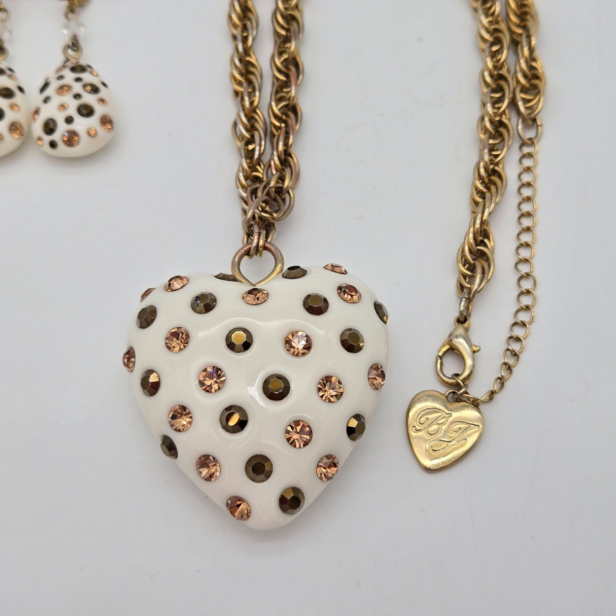 Betsey Johnson Puffy Heart Pendant Necklace & Earrings Set Gold-Tone White Rhinestones Polka Dot Design Jewelry