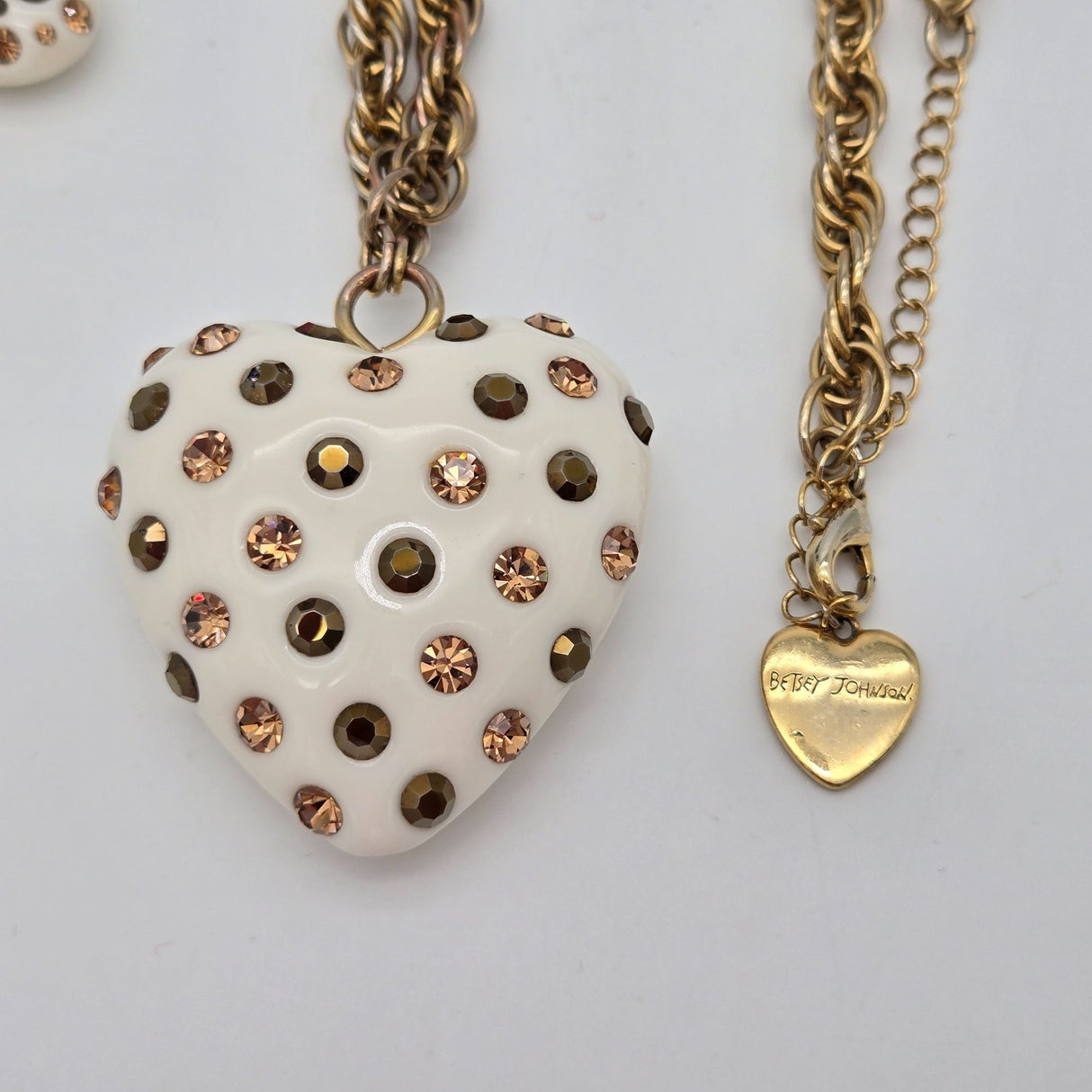 Betsey Johnson Puffy Heart Pendant Necklace & Earrings Set Gold-Tone White Rhinestones Polka Dot Design Jewelry