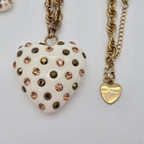 Betsey Johnson Puffy Heart Pendant Necklace & Earrings Set Gold-Tone White Rhinestones Polka Dot Design Jewelry