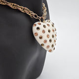 Betsey Johnson Puffy Heart Pendant Necklace & Earrings Set Gold-Tone White Rhinestones Polka Dot Design Jewelry