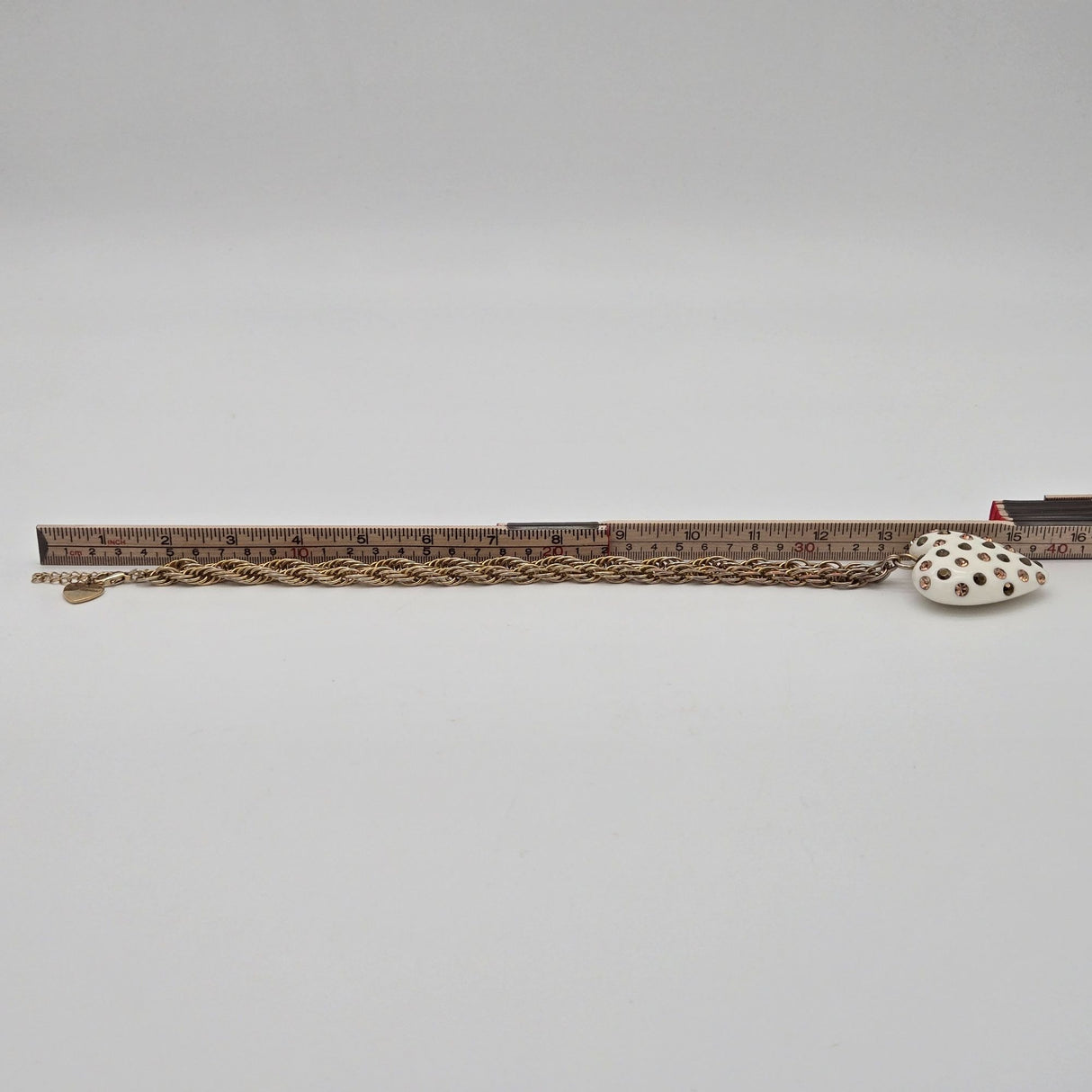 Betsey Johnson Puffy Heart Pendant Necklace & Earrings Set Gold-Tone White Rhinestones Polka Dot Design Jewelry