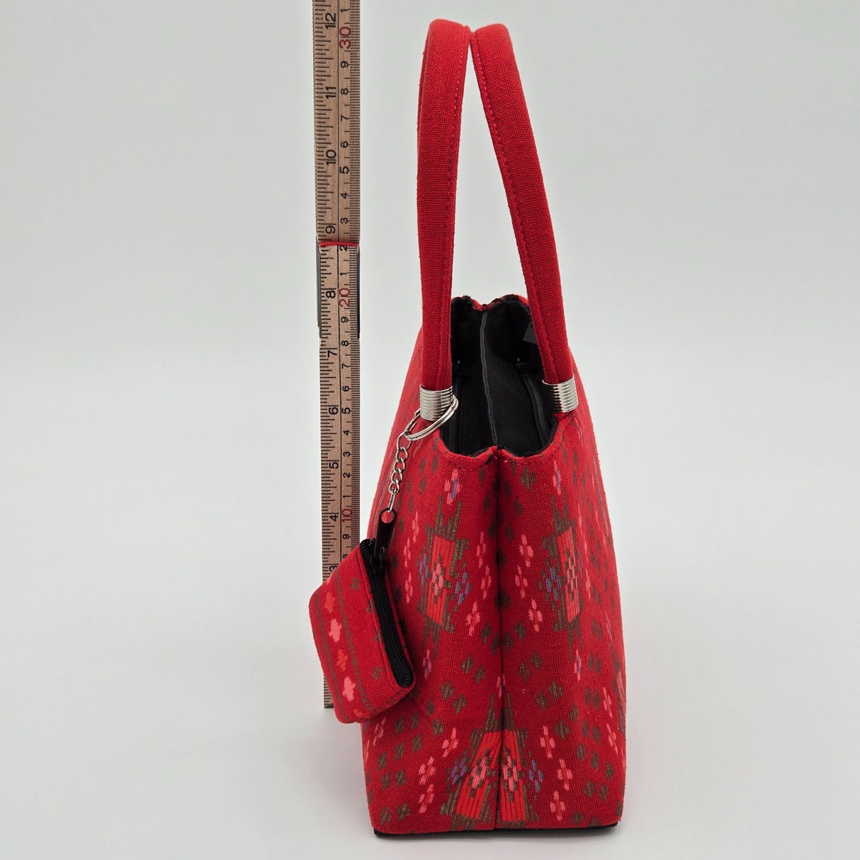 Handwoven Red Ikat Fabric Handbag With Dual Handles & Small Pouch