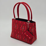 Handwoven Red Ikat Fabric Handbag With Dual Handles & Small Pouch