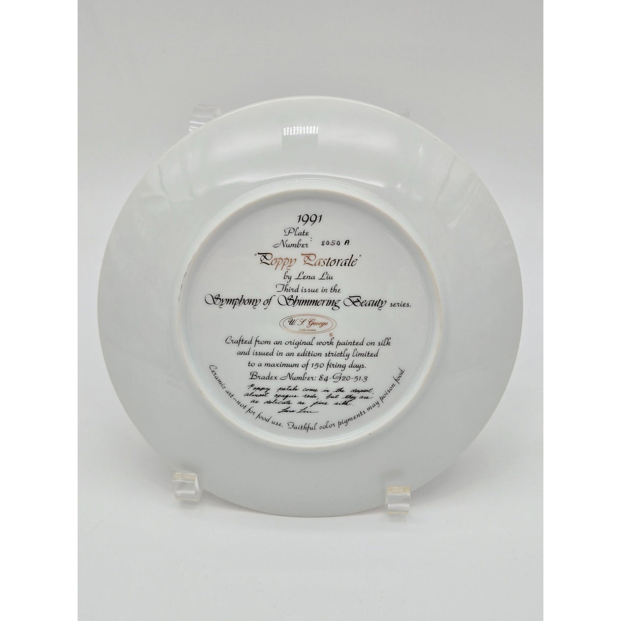 W.S. George Fine China Collector Plate 1991 Poppy Pastoral By Lena Liu W/ Certificate Of Authenticity