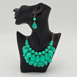 Green Teardrop Bib Necklace & Matching Earrings Set Gold Chain Fashion Jewelry Statement Piece