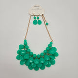 Green Teardrop Bib Necklace & Matching Earrings Set Gold Chain Fashion Jewelry Statement Piece