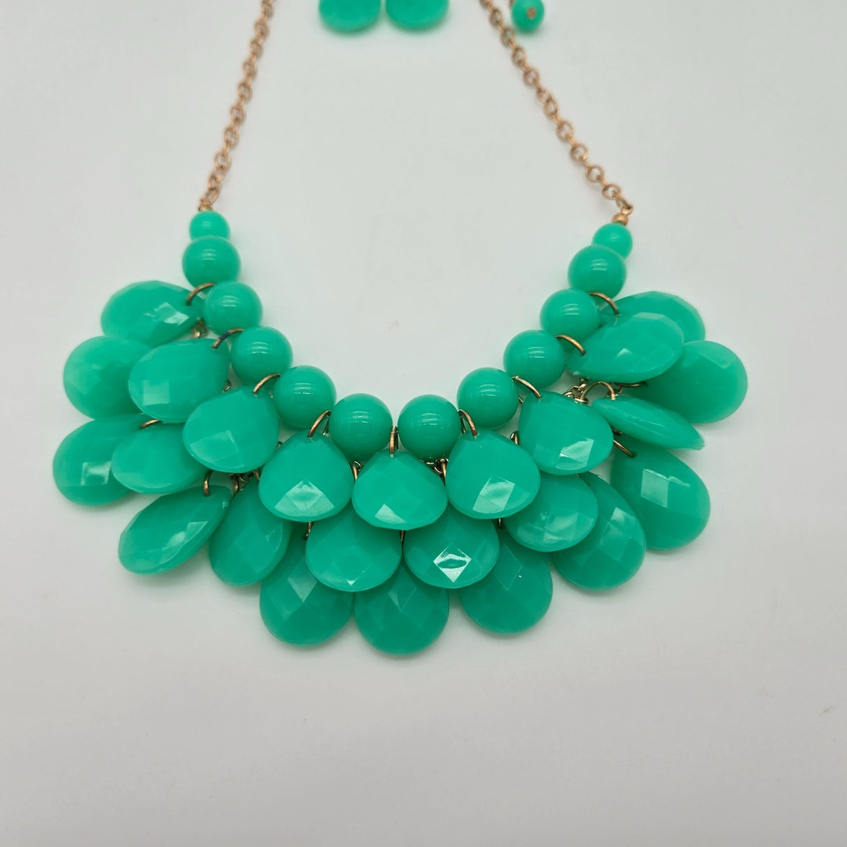 Green Teardrop Bib Necklace & Matching Earrings Set Gold Chain Fashion Jewelry Statement Piece