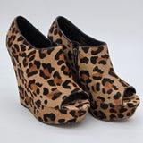 Steve Madden 'Wicked' Leopard Print Peep Toe Wedge Shoes 9M Womens Leather Pony Hair Upper Platform Heel