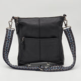 The Sak Black Leather Crossbody Bag With Adjustable Blue Patterned Strap
