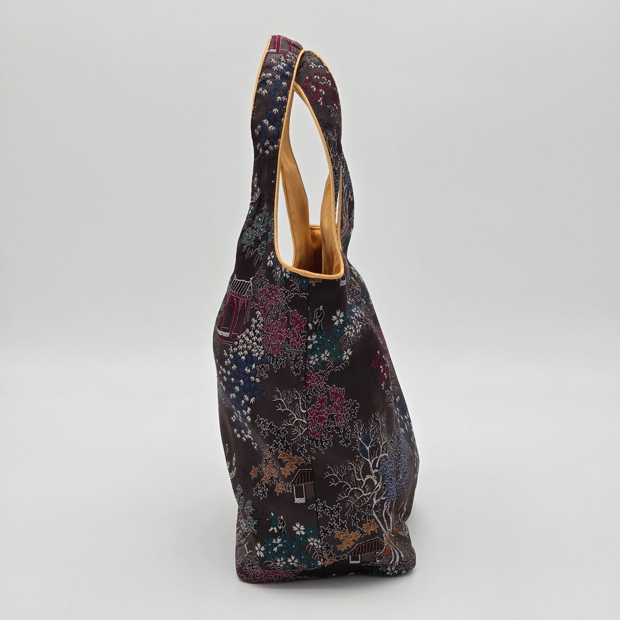 Handmade Mandarin Motif Silk Embroidery Tote Bag With Knot Closure & Inner Pocket