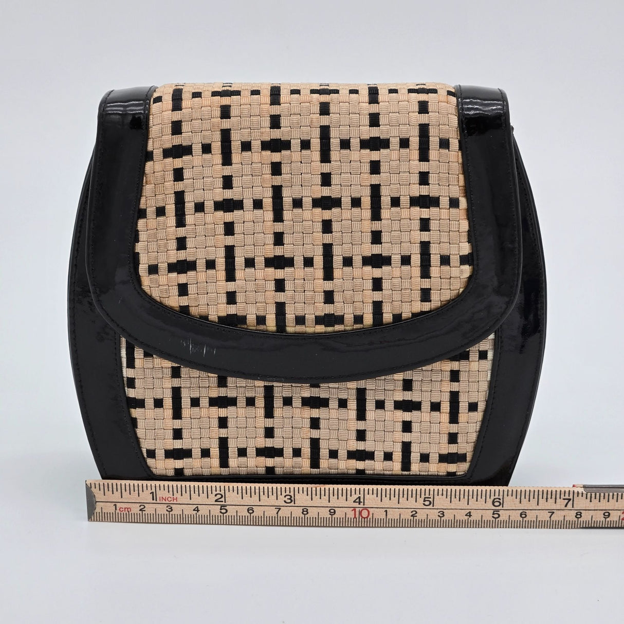 Vintage Frenchy California Black Patent Leather & Woven Straw Crossbody Bag