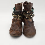 Donald J. Pliner Distressed Leather Ankle Boots W/ Chains Pearls & Turquoise Accents - Boho Western Style - Side Zippers & Lace-Up Back Size 10M