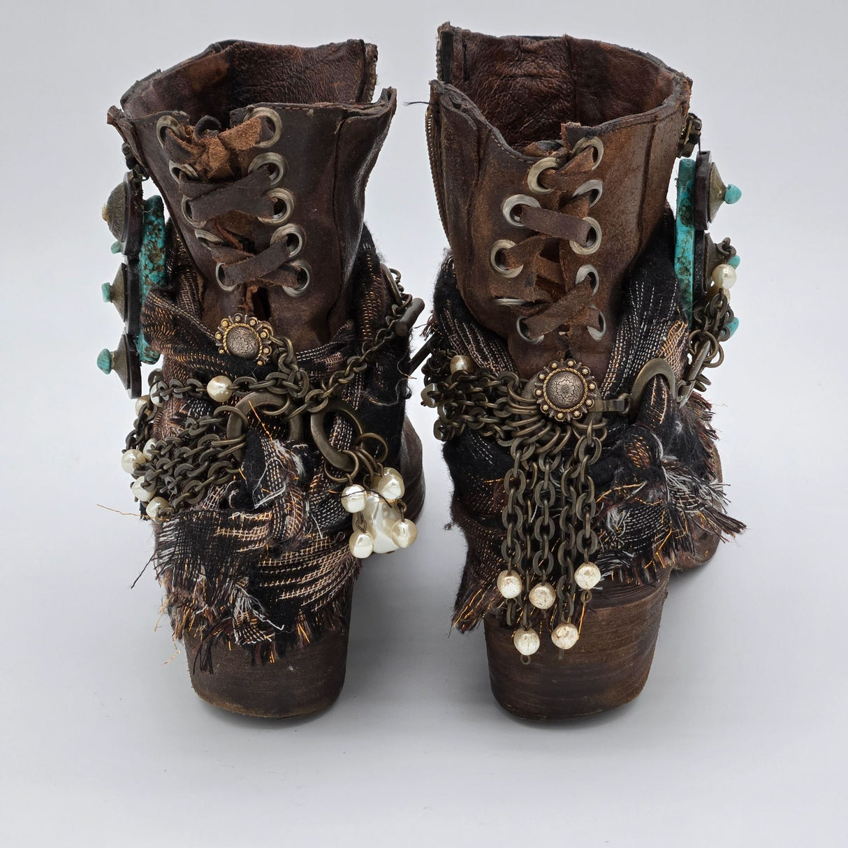 Donald J. Pliner Distressed Leather Ankle Boots W/ Chains Pearls & Turquoise Accents - Boho Western Style - Side Zippers & Lace-Up Back Size 10M