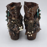 Donald J. Pliner Distressed Leather Ankle Boots W/ Chains Pearls & Turquoise Accents - Boho Western Style - Side Zippers & Lace-Up Back Size 10M