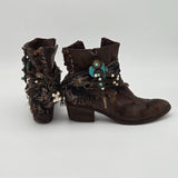 Donald J. Pliner Distressed Leather Ankle Boots W/ Chains Pearls & Turquoise Accents - Boho Western Style - Side Zippers & Lace-Up Back Size 10M