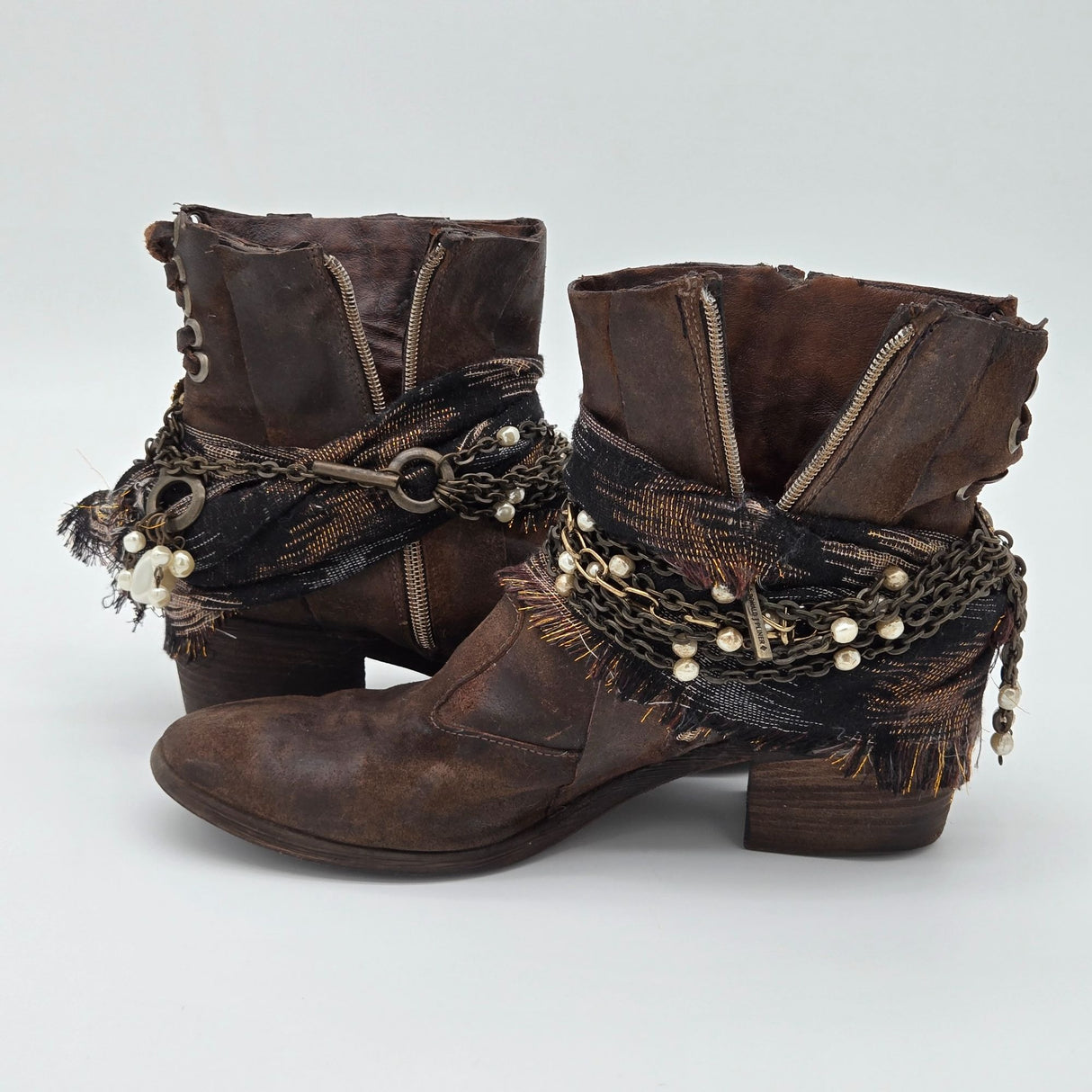 Donald J. Pliner Distressed Leather Ankle Boots W/ Chains Pearls & Turquoise Accents - Boho Western Style - Side Zippers & Lace-Up Back Size 10M