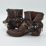 Donald J. Pliner Distressed Leather Ankle Boots W/ Chains Pearls & Turquoise Accents - Boho Western Style - Side Zippers & Lace-Up Back Size 10M